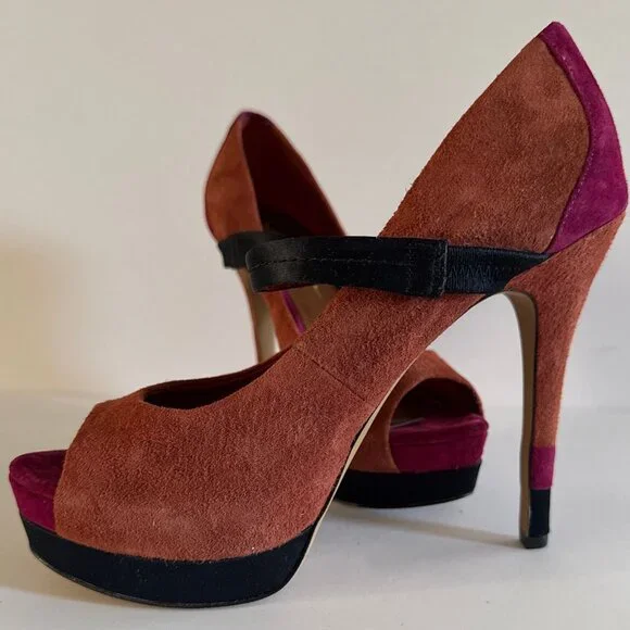 Women’s Suede Peep Toe Heels Size 8.5 M Orange Black Pink Color block Formal - Picture 13 of 14